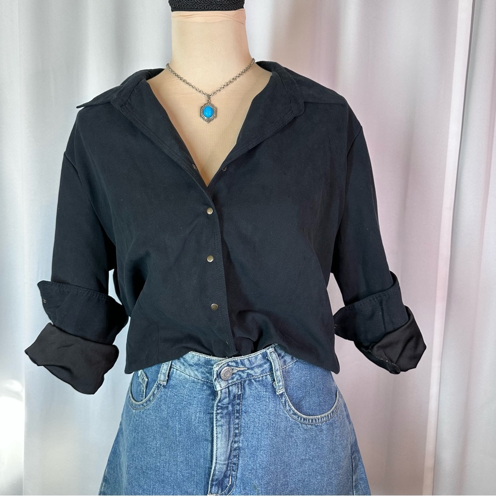 Lemon Grass Faux Suede Snap Button Down Top Sz L Shirt Blouse Soft Classy Casual
